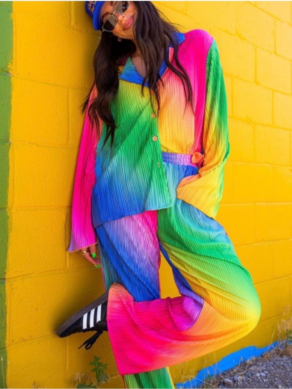 Multicolor Rainbow Pleated Wide-Leg Pantsuit